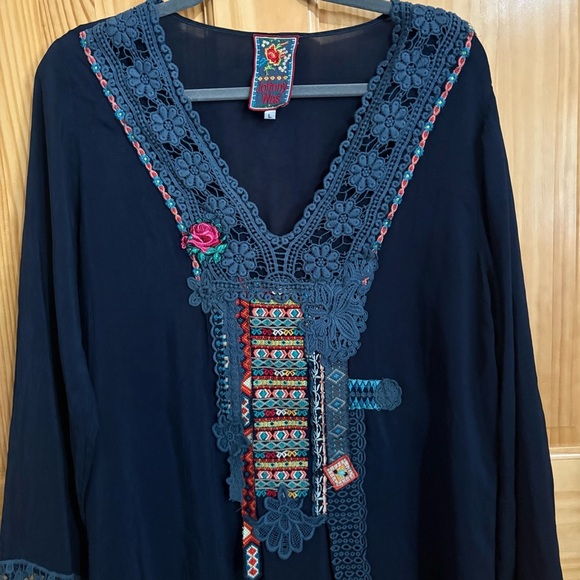 Johnny Was Tops - JOHNNY WAS Navy Blue Embroidered Tunic Top